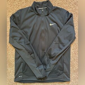 Nike Shield Black Lightweight Full-Zip Running Jacket with White Swoosh.